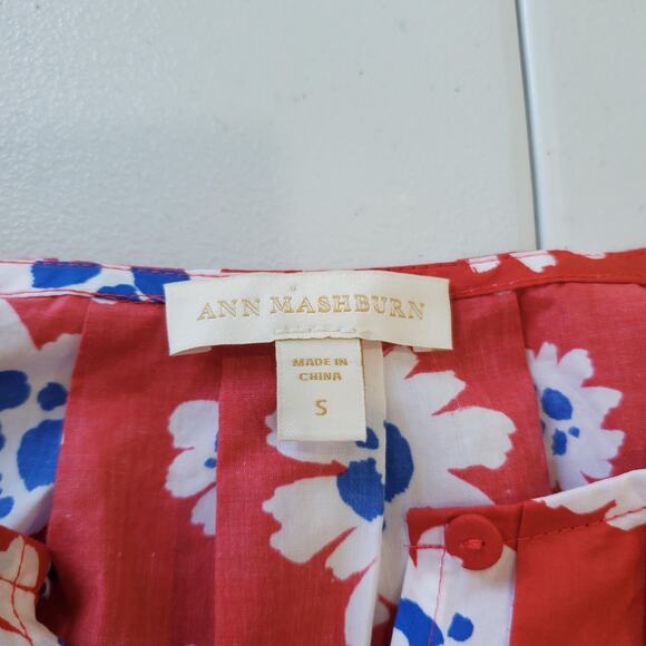 Ann Mashburn Shirt Womens Small Red Blue White Floral Print Popover Long Sleeve - Picture 4 of 9